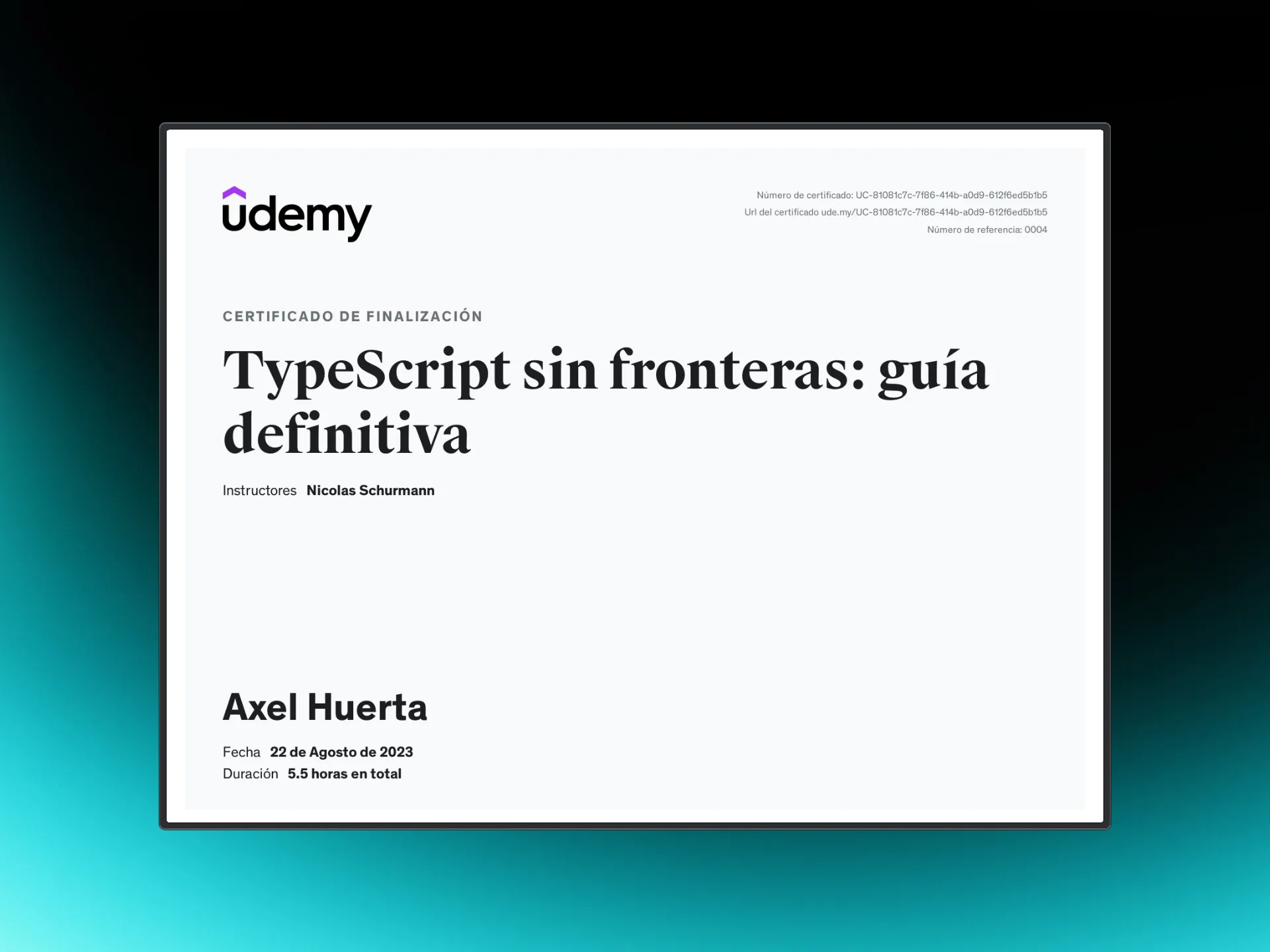 Certificado de Curso: Typescript Sin Fronteras de Udemy